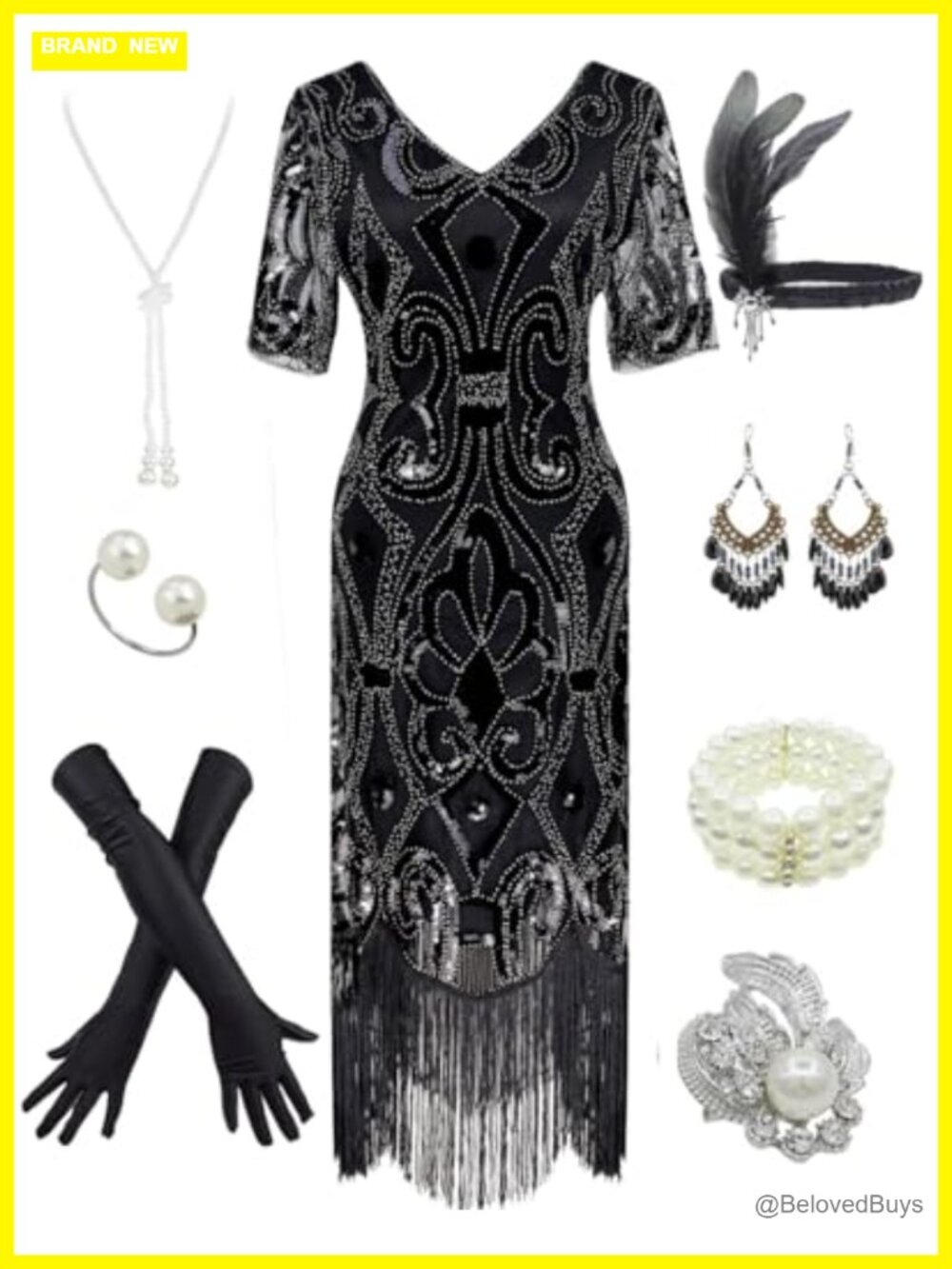 Sequin Fringe Flapper Dress Costume Set with Accessories 1920s Gatsby